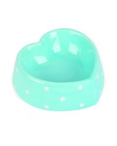 blue heart shaped bowl with white polka dots