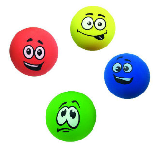 4 bouncy balls with silly faces printed on them